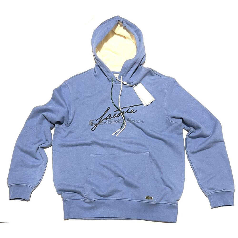 Mens Lacoste Signature Logo Hoodie Sweatshirt Crocodile Heather Blue 5 (L) $155